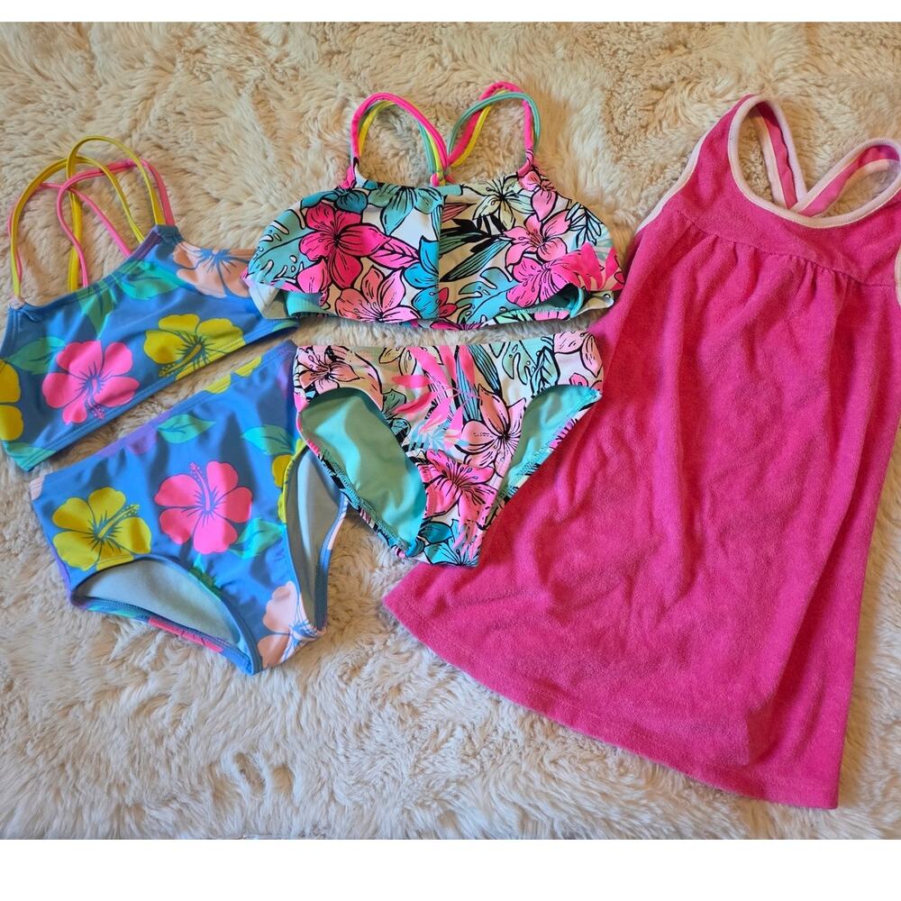 Floral Tropical Swim Lot size 4/5 Girls 2 Bikinis and a terry Swim Cover Dress